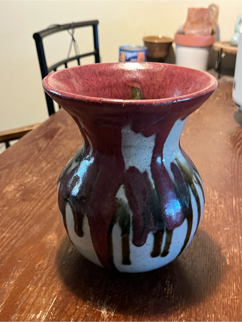 Vintage Hand Thrown Studio Pottery Vase Red Oxblood Drip Glaze